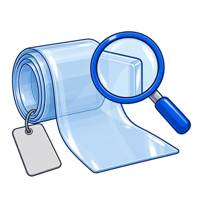 Illustration of a PVC strip roll, blank product tag and magnifying glass