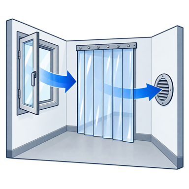 Illustration of fresh air entering at an open window and exiting through a separate exhaust