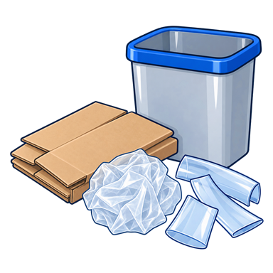 Illustration of collected cardboard, packaging film and PVC offcuts beside a waste container