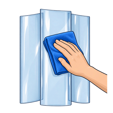 Illustration of a soft blue cloth gently wiping an individual transparent PVC strip