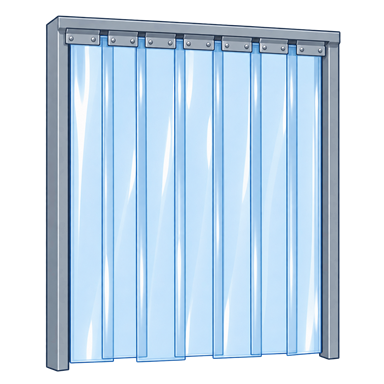 Illustration of overlapping PVC strips hanging straight from bolted mounting plates