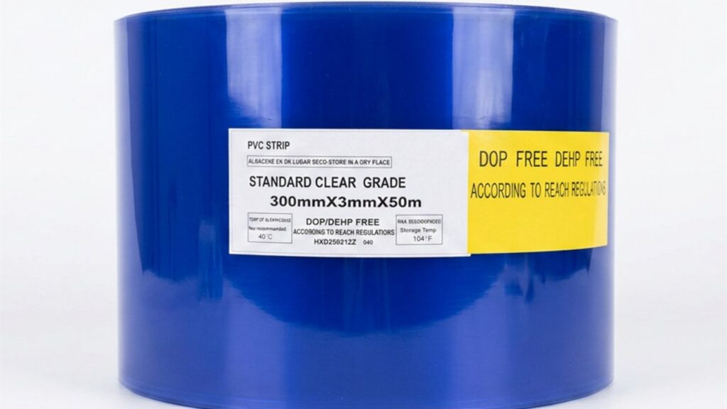 PVCPH photo of a clear PVC strip curtain roll with thickness and width label