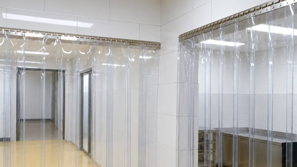 PVCPH photo of clear PVC strip curtains installed in a clean cold-room style doorway