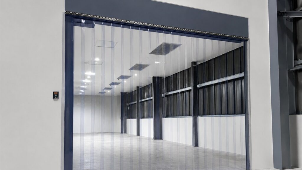 PVCPH photo of installed clear PVC strip curtains with top rail and doorway frame