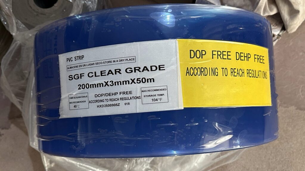 PVCPH photo of a PVC strip curtain roll with product label for quotation planning
